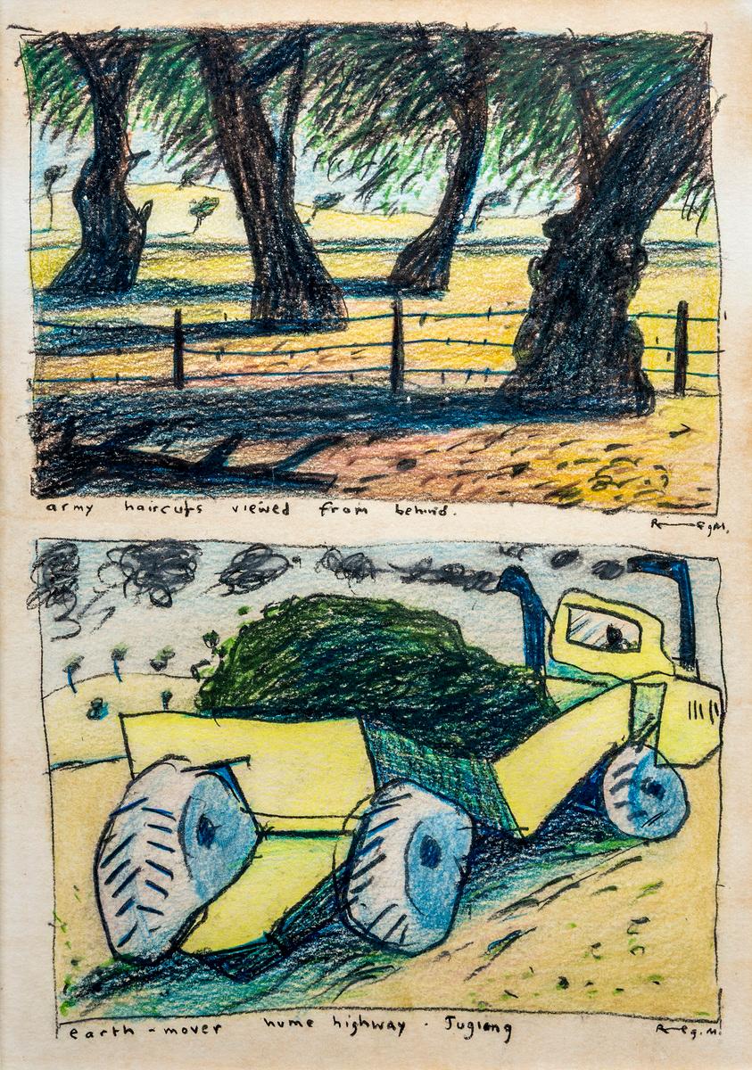 Army haircuts viewed from behind , Earth-mover Hume Highway Jugiong
